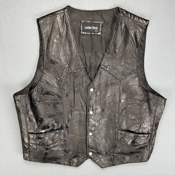 VTG Leather Works Vest Mens 3XL Italian Stone Style Black - Picture 1 of 9